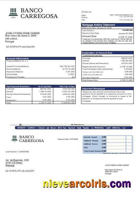 Portugal Banco Carregosa mortgage statement